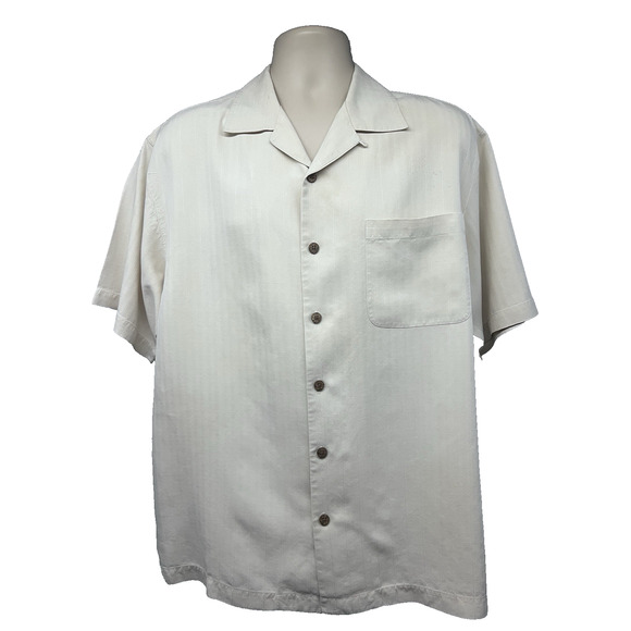 Tommy Bahama Mens Vintage Beige Embroidered Silk Button Up Shirt Medium Pocket - Picture 2 of 10